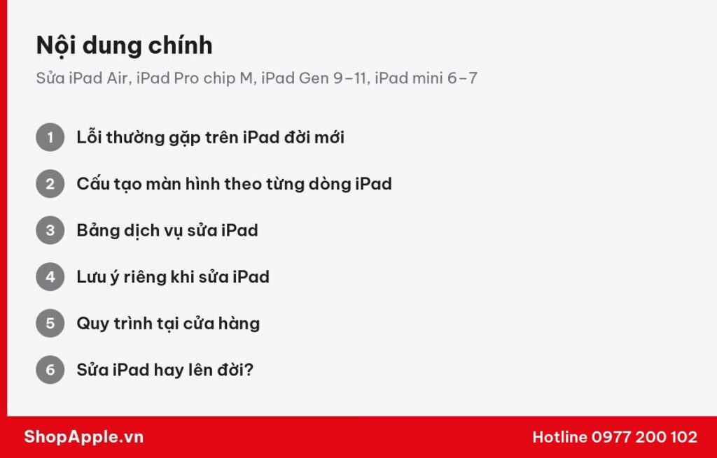 Tóm tắt nội dung: Sửa iPad Air, iPad Pro chip M, iPad Gen 9–11, iPad mini 6–7