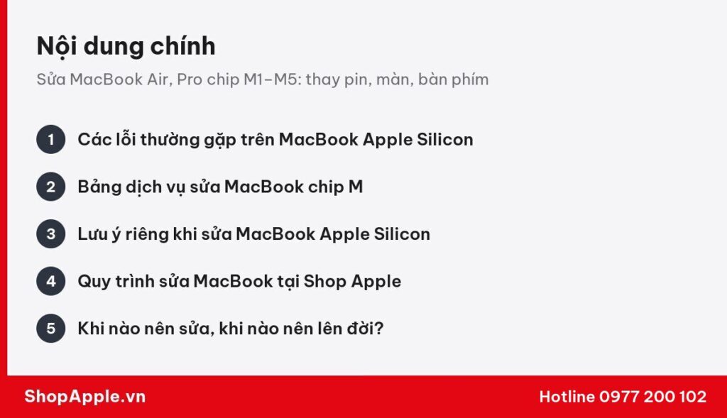 Tóm tắt nội dung: Sửa MacBook Air, Pro chip M1–M5: thay pin, màn, bàn phím